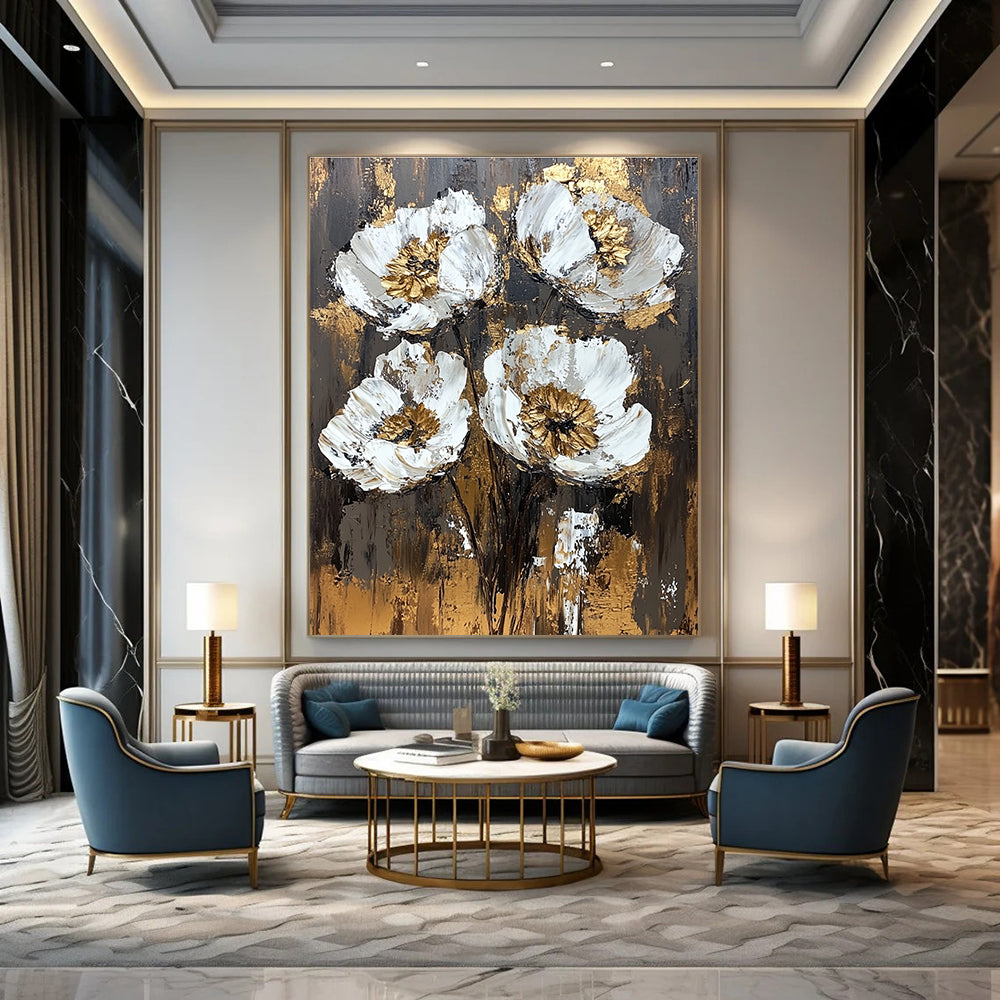 Large abstract painting featuring textured white and gold flowers on a dark brown background with vintage-style brush strokes and rich emotional depth.STSC834