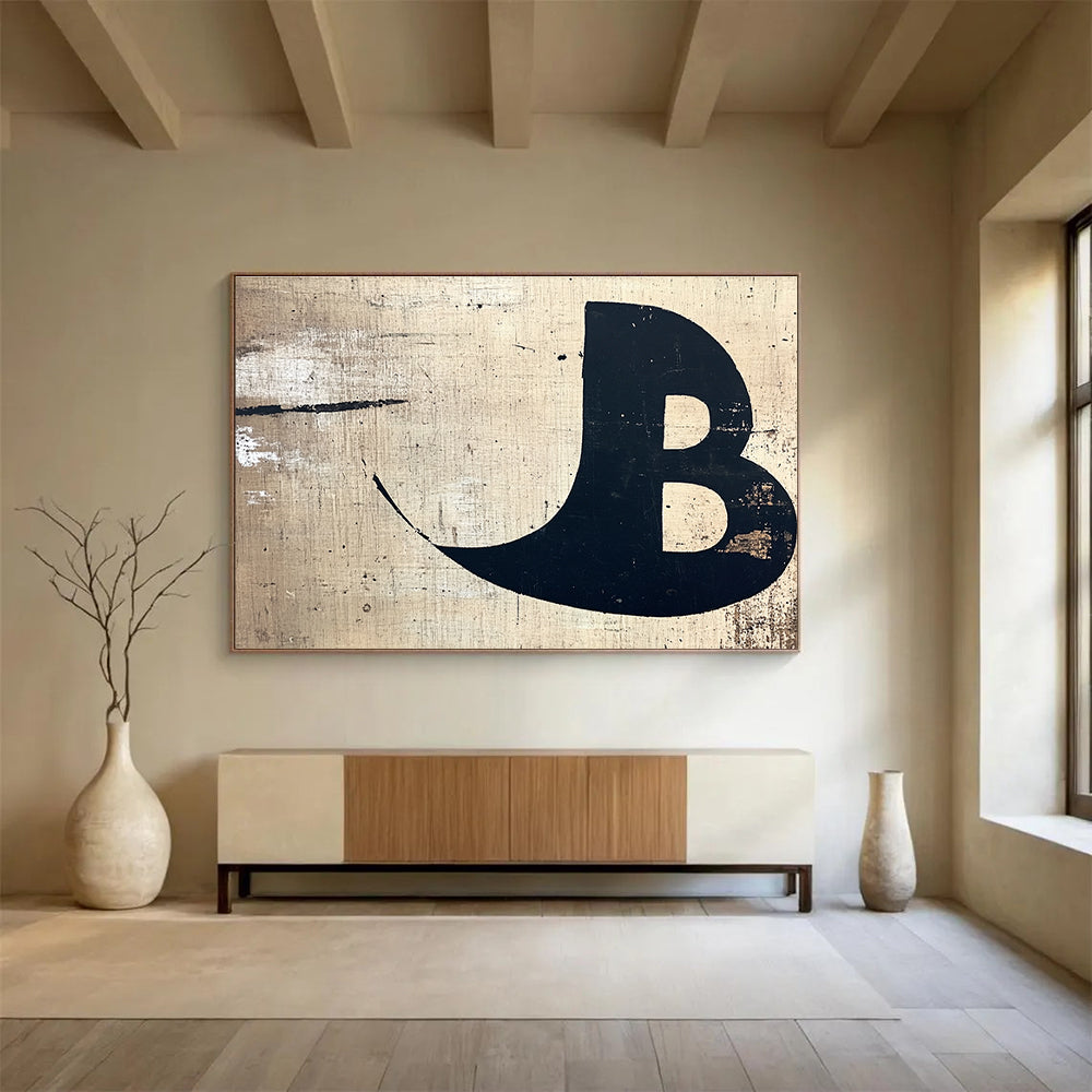 A large abstract painting on wood featuring a minimalist black letter B against a beige and white textured background for elegant creative uses.SC438