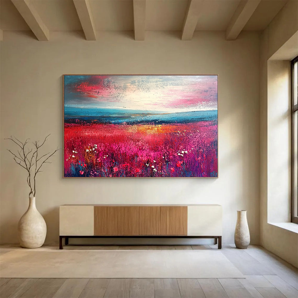 An abstract landscape featuring vibrant pink and teal brush strokes merges into a field of flowers, guiding the eye towards a distant horizon.SC314