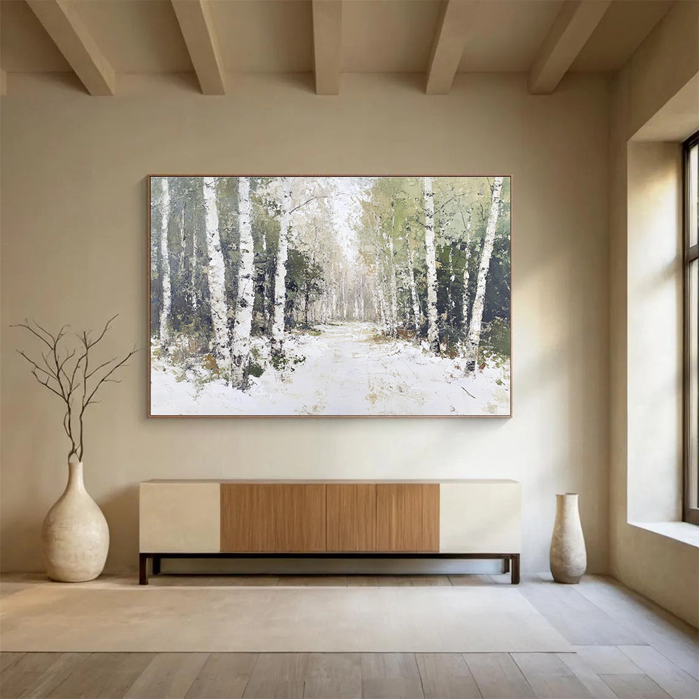 A large abstract painting of birch trees with white bark and green leaves, featuring soft lighting and textured tree trunks against a snowy ground.SC466