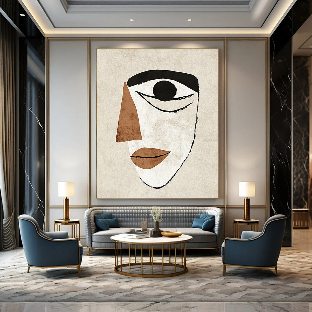 Large abstract illustration featuring a simple face with an eye and a nose in Matisse style on a textured beige background.STSC990