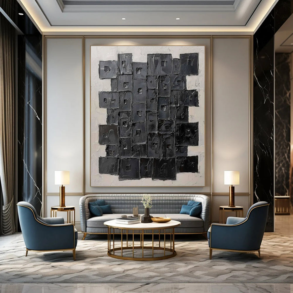 Black Squares Abstract Painting with 3D Textures ADGE488