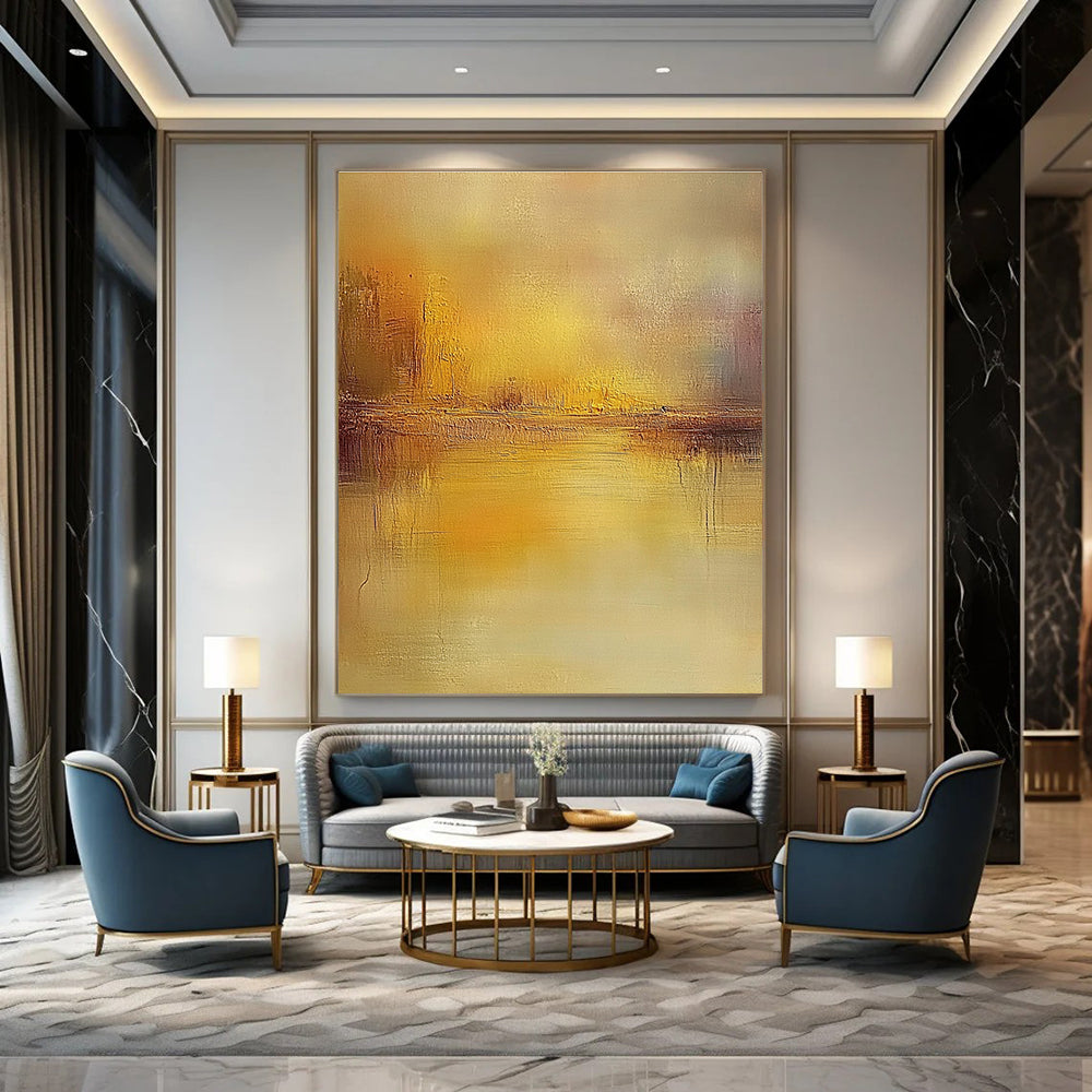Large abstract painting featuring muted earthy colors and soft focus reflections on water evoking a dreamlike atmosphere with impressionist brush strokes.STSC860