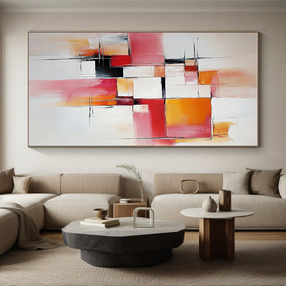 Pink Orange and White Abstract Painting with Geometric Shapes GER681