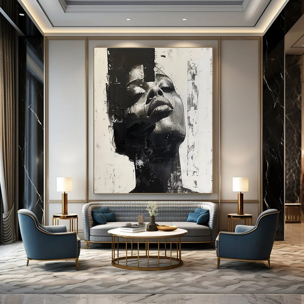 Black and White Textured Portrait Abstract Painting ADGE139