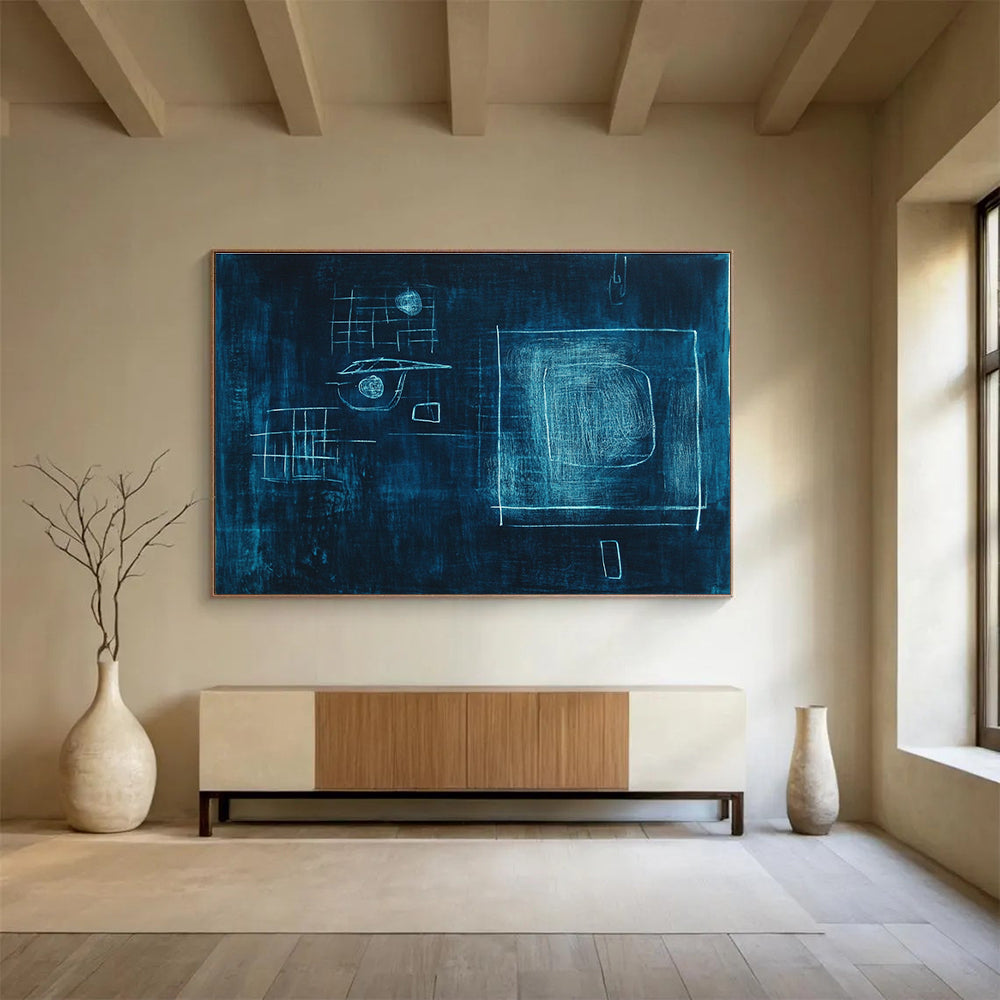 Large abstract painting in dark blue with glowing light and shapes, inspired by Paul Klee, featuring a dreamy atmosphere and bold lines.SC348