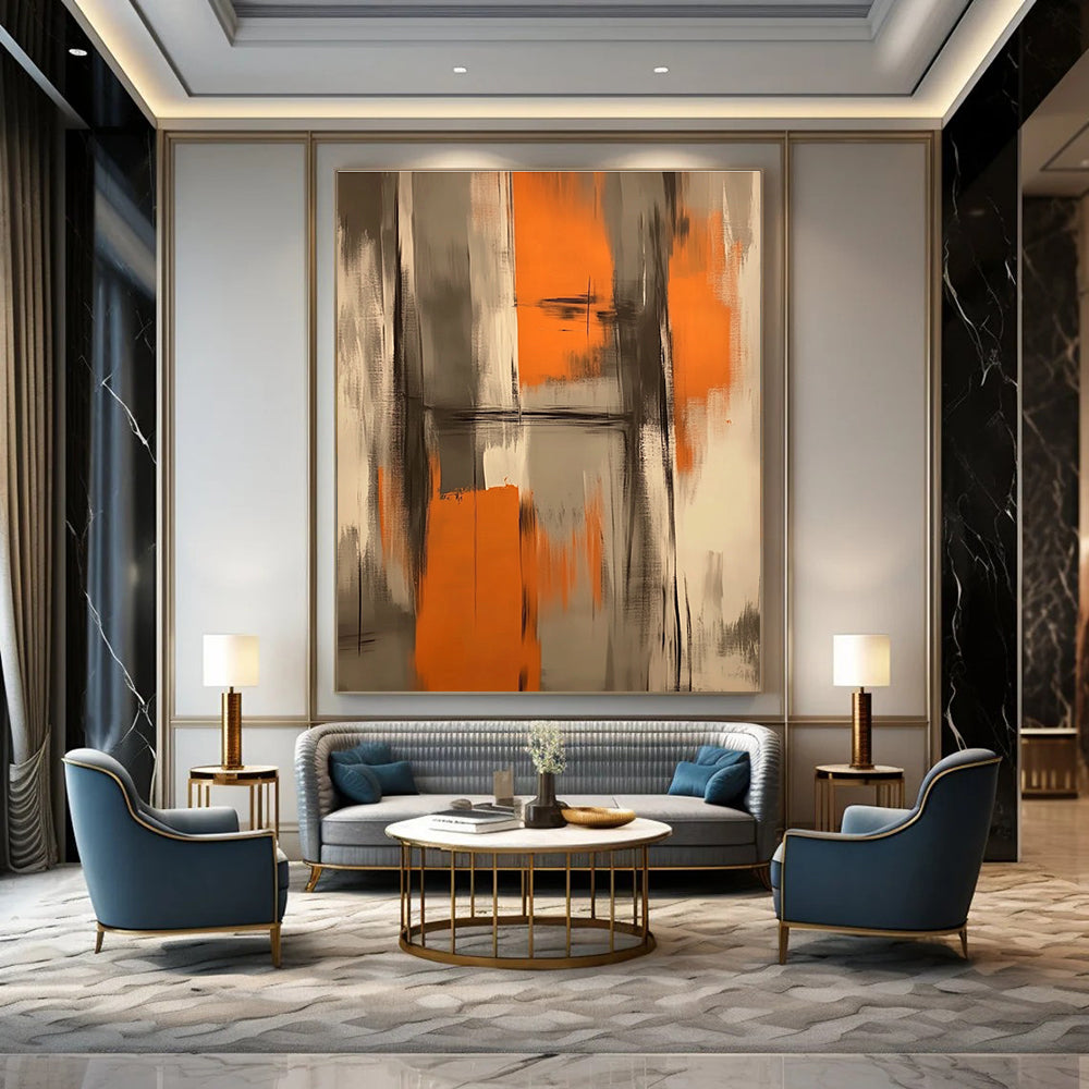 Large abstract painting featuring orange and gray brush strokes creating an atmospheric background perfect for a furniture exhibition inspired by Chinese aesthetics.STSC782