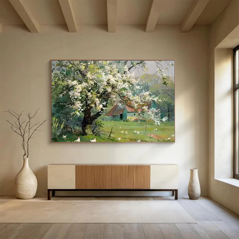 Spring Farmhouse Abstract Painting with White, Green, and Blue Tones THY215