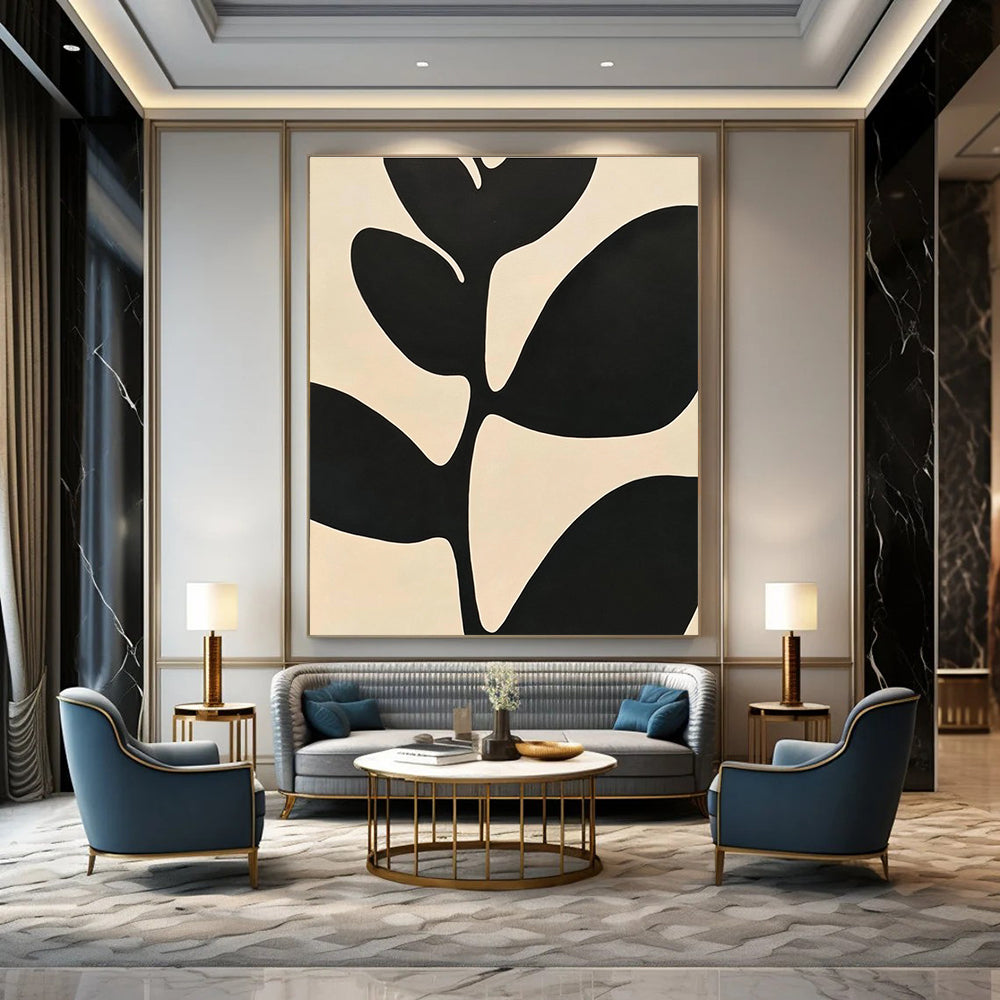Large abstract painting featuring minimalist black and white leaves with high contrast against a simple background inspired by Matisse.STSC1080