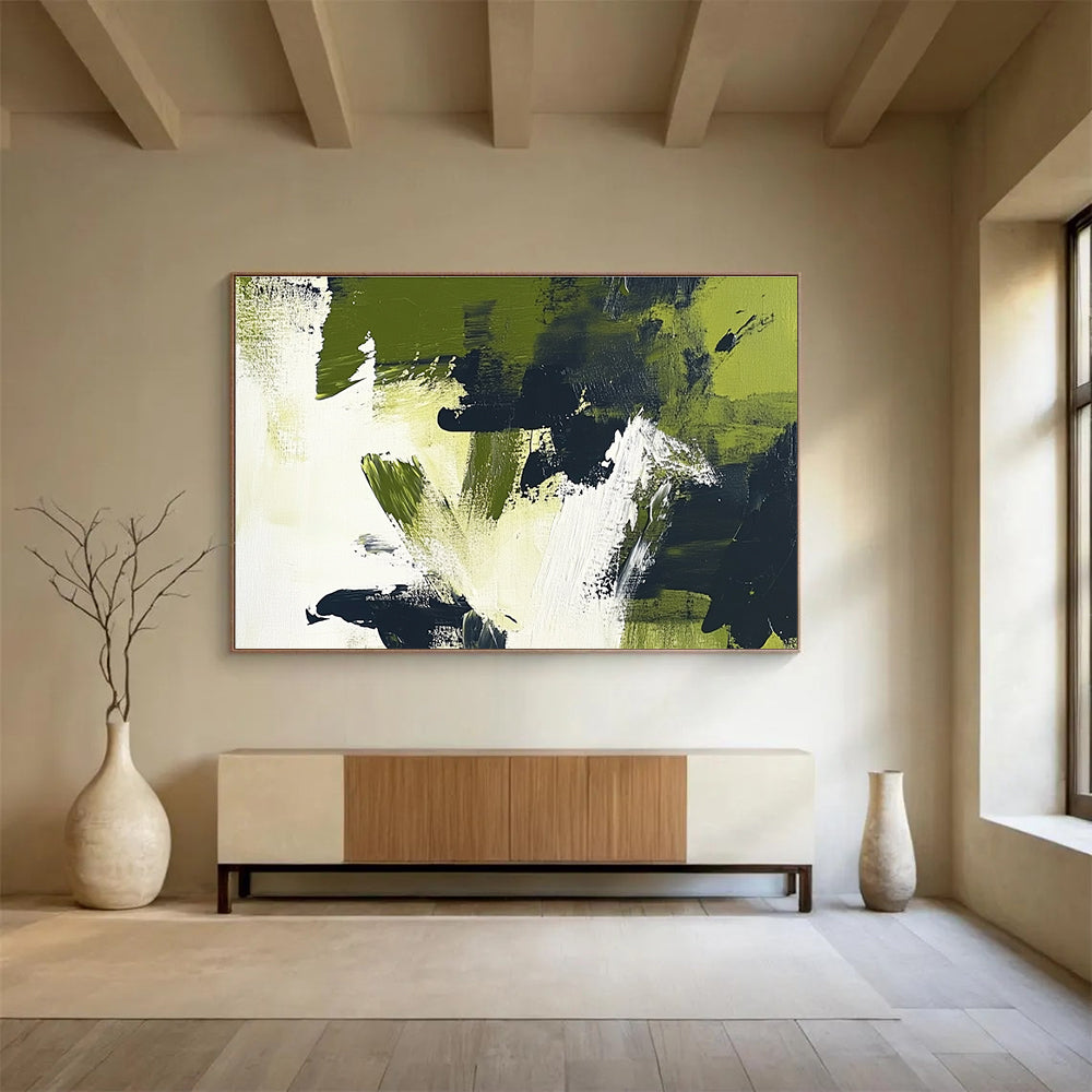 Large abstract painting featuring olive green and black brush strokes on white background, embracing minimalism and the essence of nature.SC248
