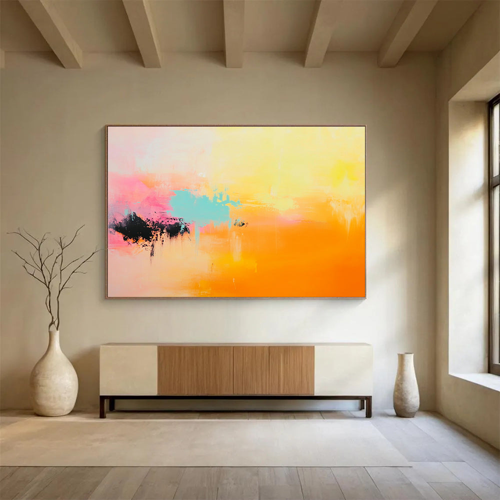 Large abstract painting featuring soft hues of light yellow, pink, orange, and turquoise for a serene and uplifting atmosphere.SC254
