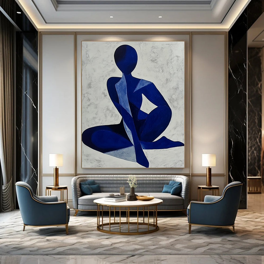 Abstract painting of a blue woman’s body, minimalist style with monochrome colors on light grey background, perfect for modern decor.STSC1405