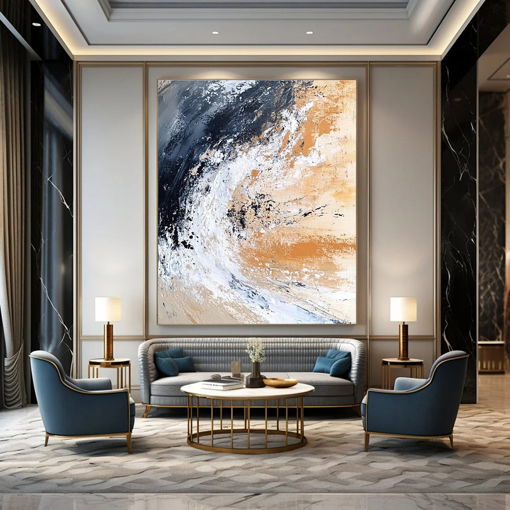 Large abstract painting depicting an ocean wave crashing on the shore in dark black and white with beige brown gray and rust orange.STSC555