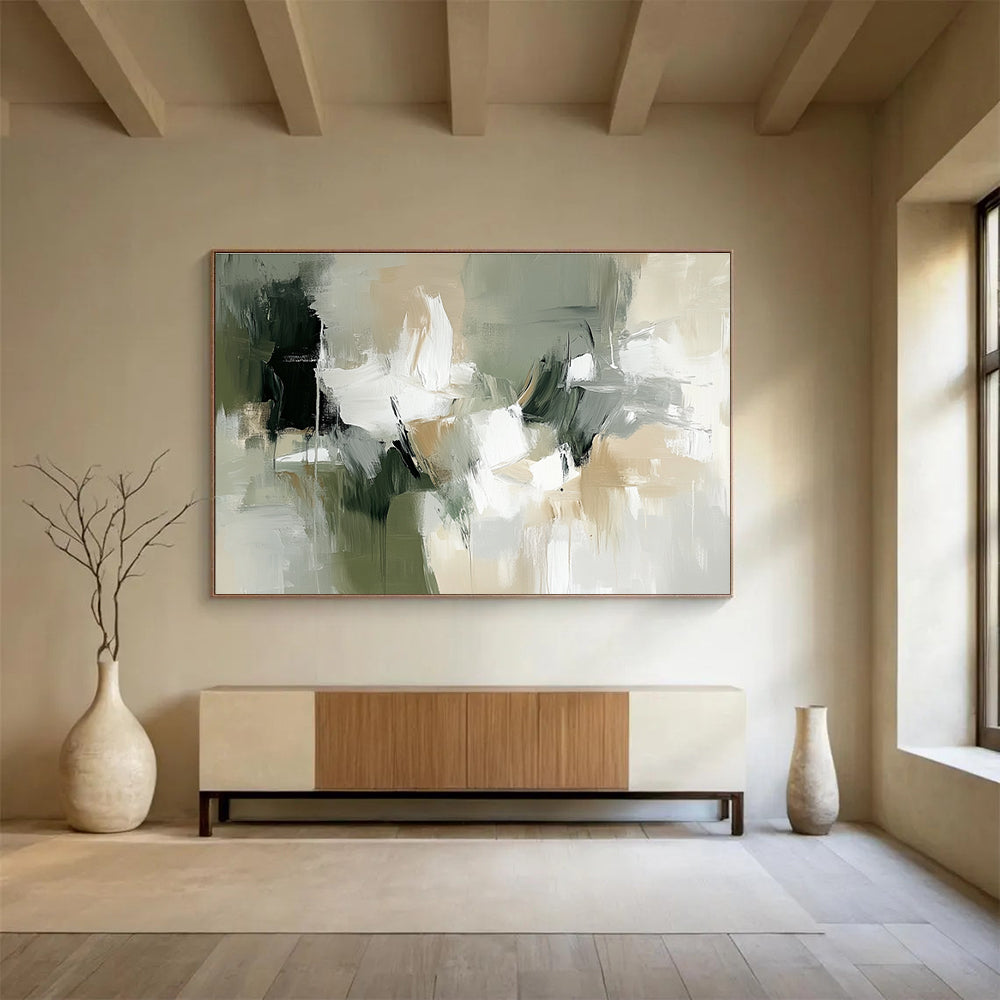 Large abstract painting in white, beige, and green with organic brush strokes and shapes, evoking a naturalistic style.SC219
