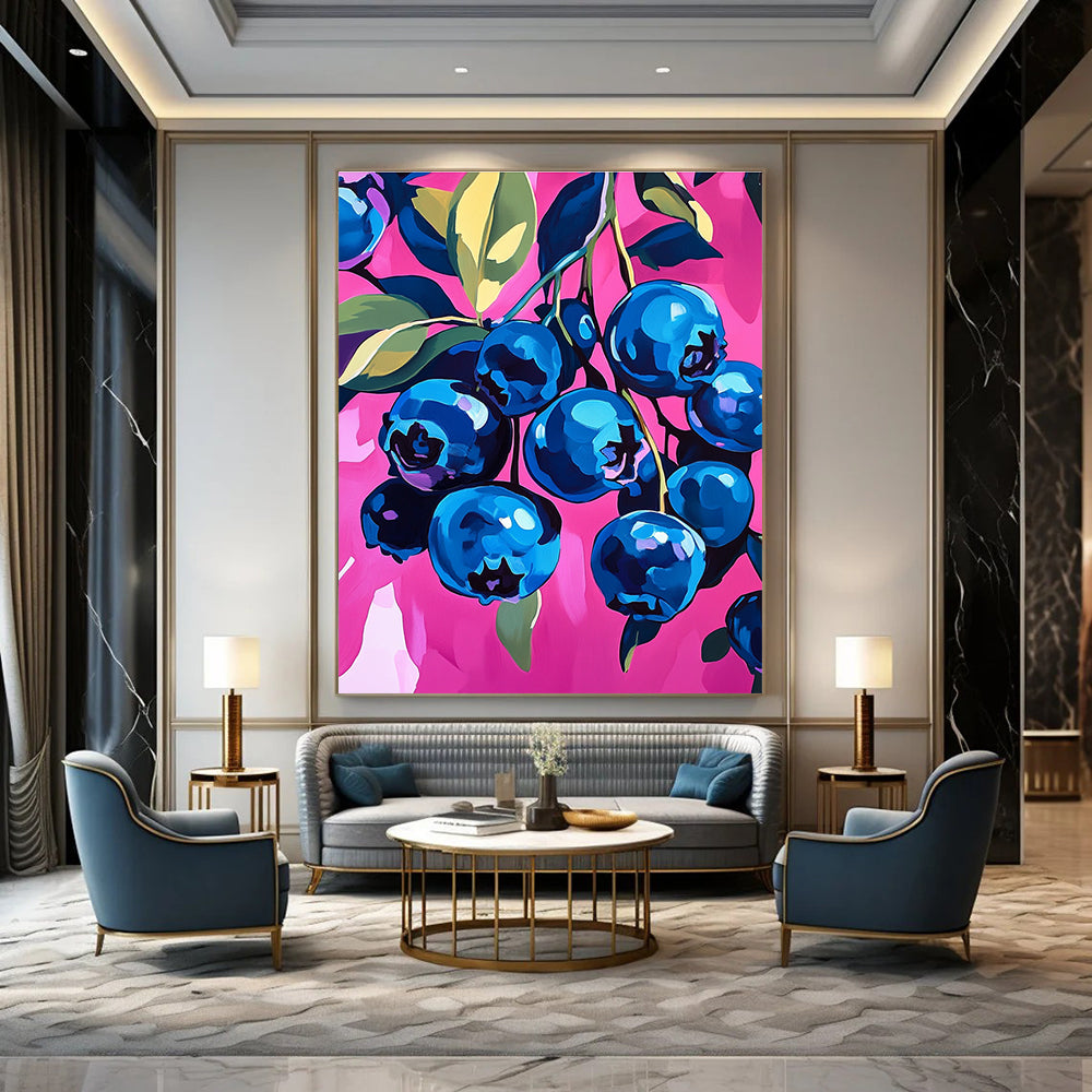 A large abstract painting of vibrant blueberries on a pink background featuring bold brushstrokes and dynamic textures that enhance any space.STSC1226