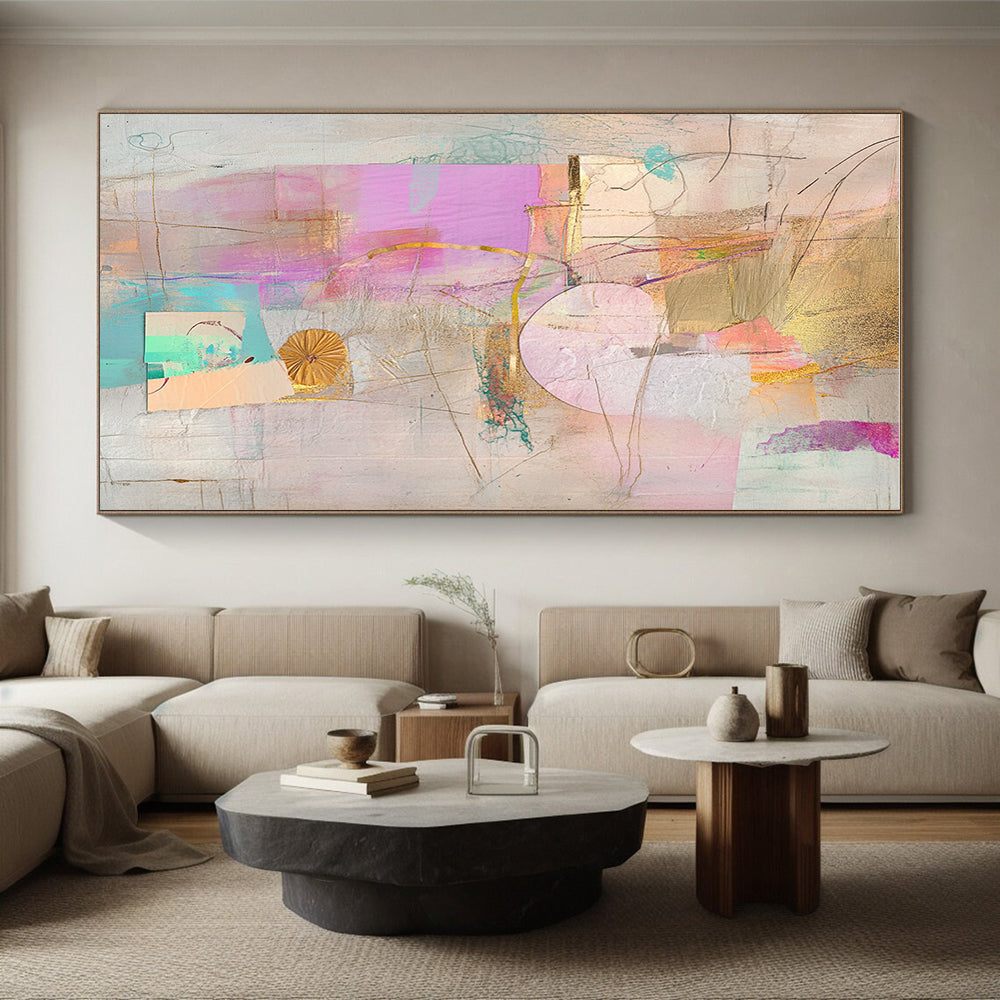 Gold Pink and Teal Pastel Abstract Collage Art GER199