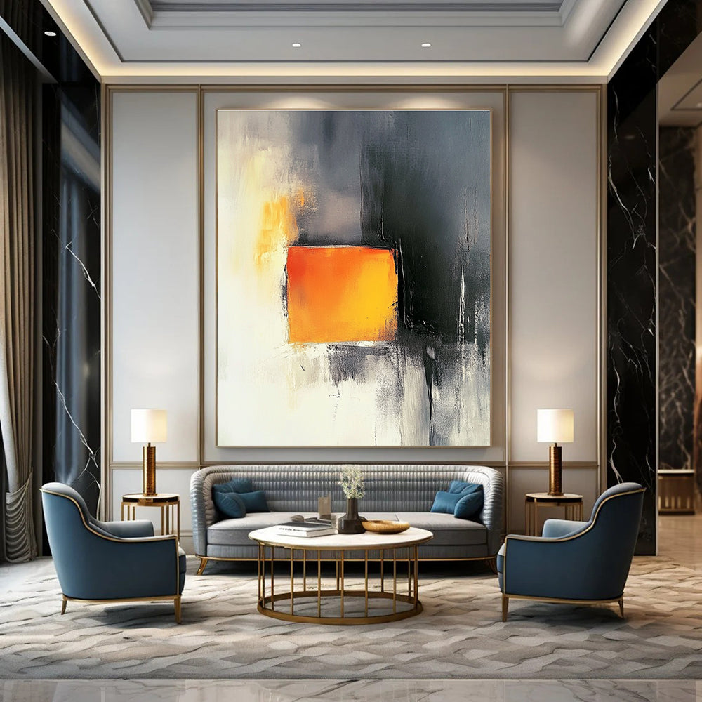Abstract painting featuring a light orange square amid dark gray and white backgrounds with elegant yellow tones and strong black and red contrasts.STSC1208