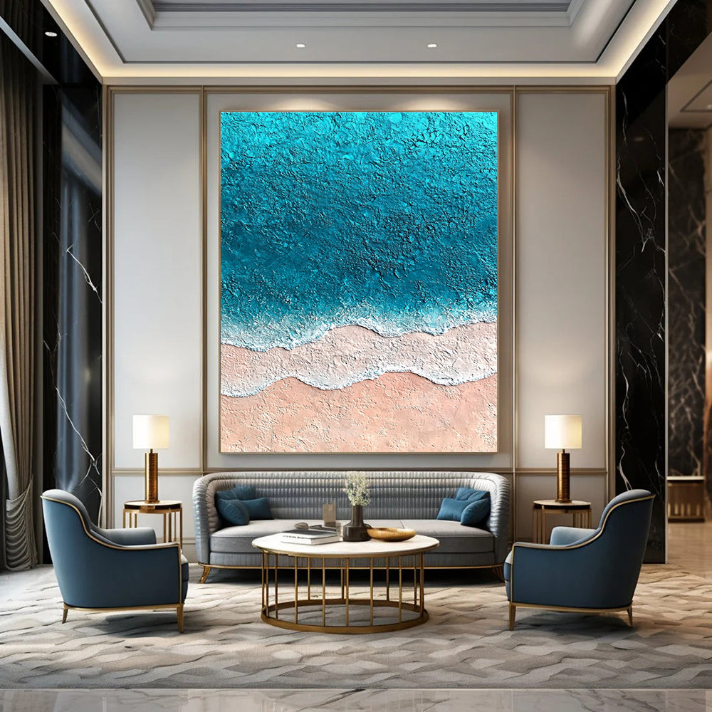Large abstract painting featuring textured sand and vibrant blue sea with soft watercolor gradients creating an immersive oceanic experience.STSC1428