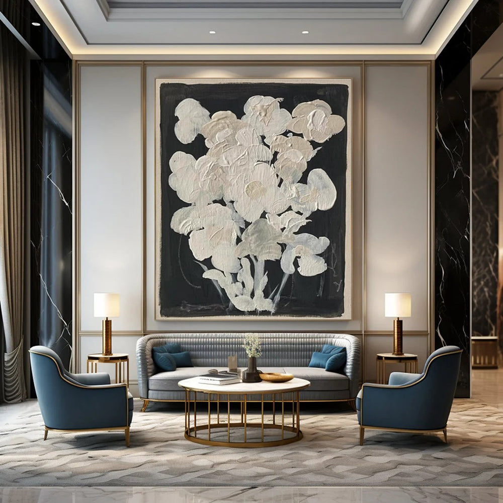 White Flowers on Black Background Abstract Floral Painting ADGE140