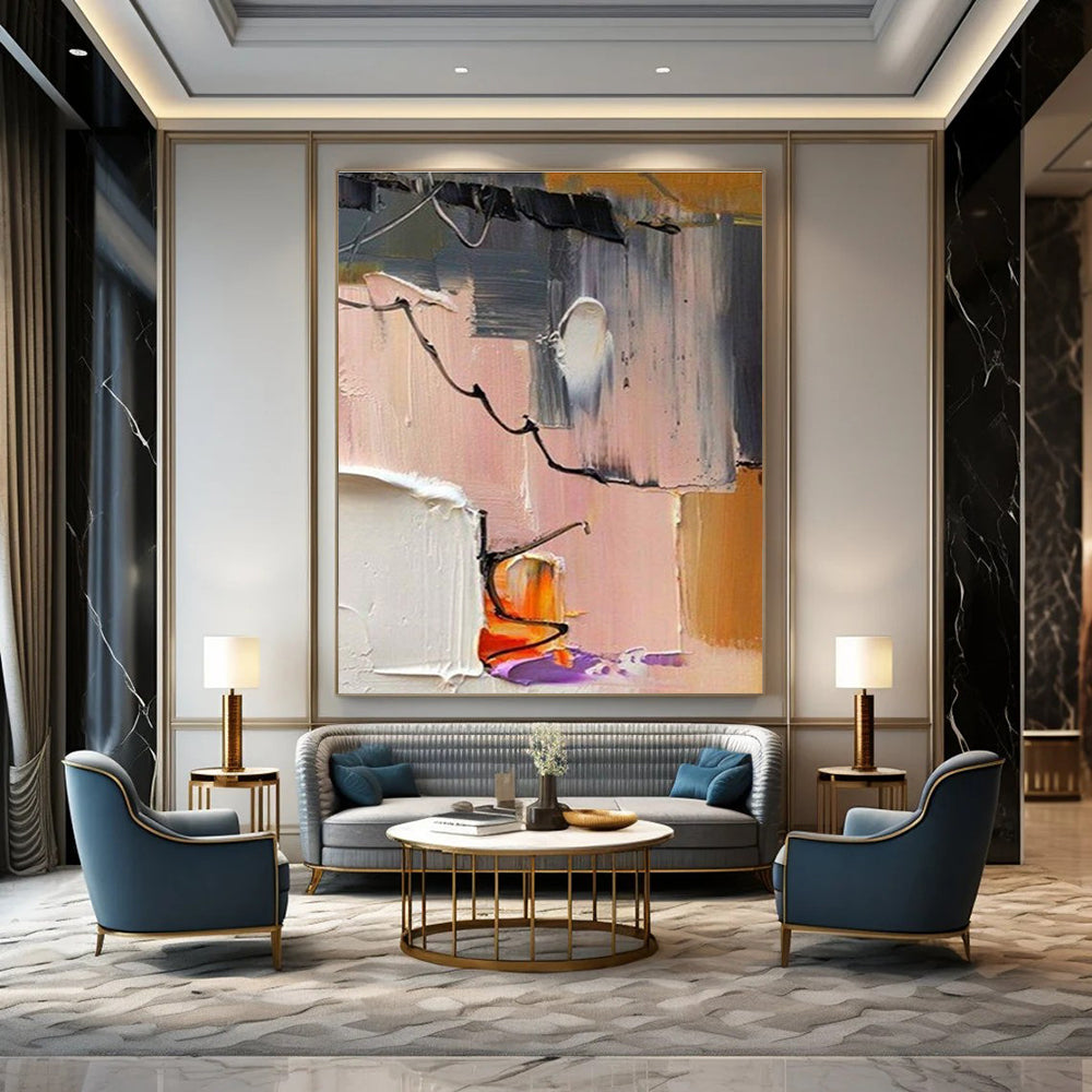 Abstract Painting with Gray Pink and Black Lines ADGE270