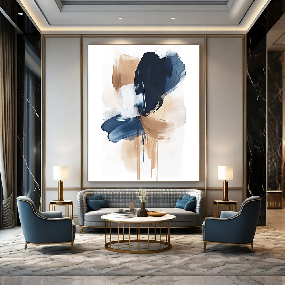 Large abstract painting featuring calming brushstrokes in navy blue and beige on a white background creating emotional shapes and a sense of balance.STSC1325
