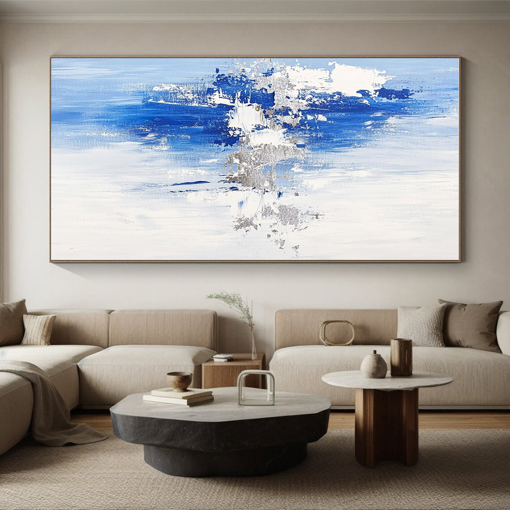 Blue and Silver Abstract Painting with Subtle Textures GER391