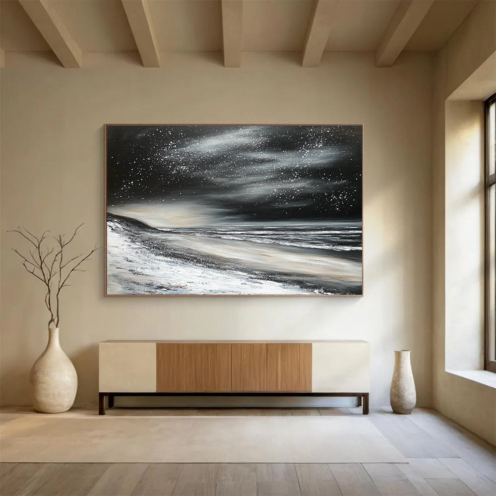 Starry Night Beach Abstract Painting in Black and White DYP453