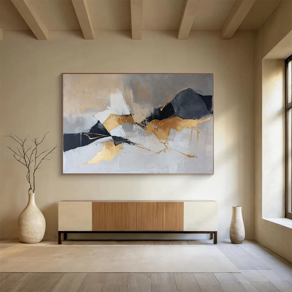 Gold and Gray Abstract Painting with Dynamic Shapes DYP275