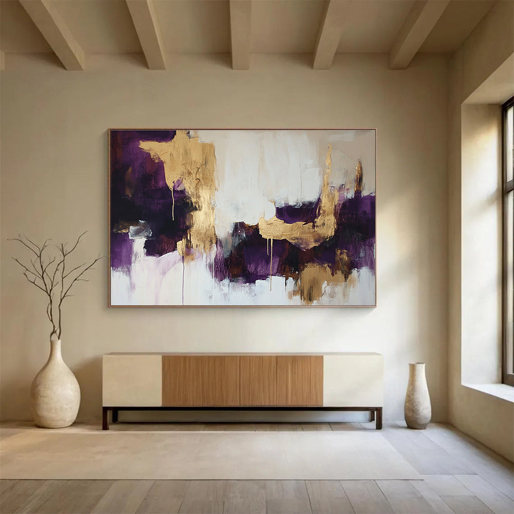 Large abstract painting in white and purple with gold hints soft edges dark tones creating an atmospheric vibe.SC212