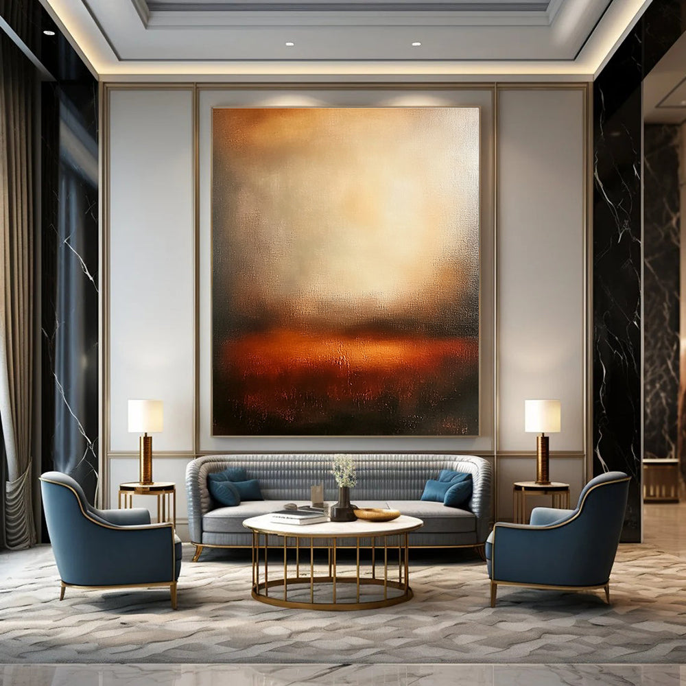 Large abstract painting featuring warm sunset colors with blurred edges and wide brush strokes evoking tranquility and emotional depth in a serene atmosphere.STSC111