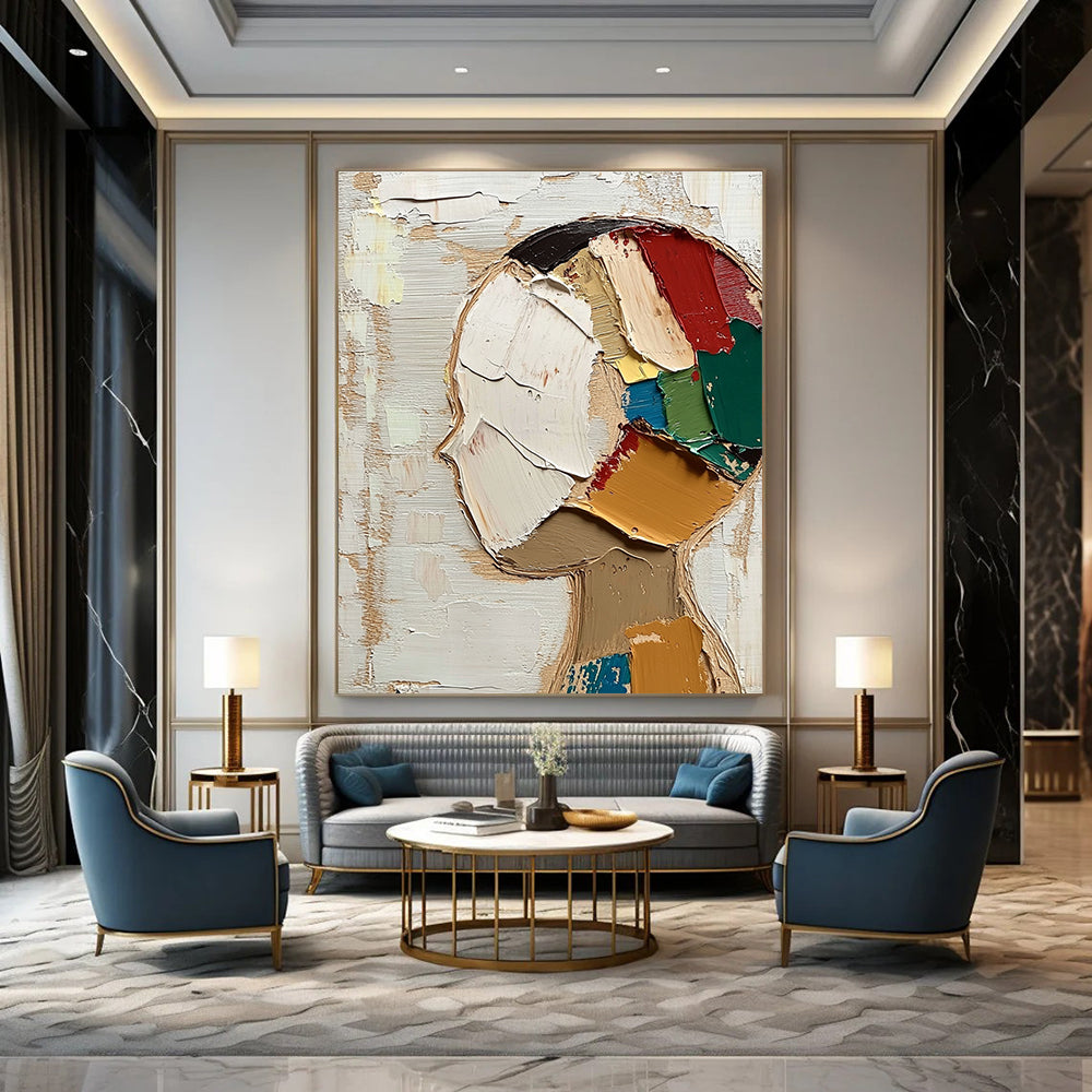 Large abstract painting featuring a round face with short hair in vibrant colors against a beige and white background with visible brush strokes.STSC197
