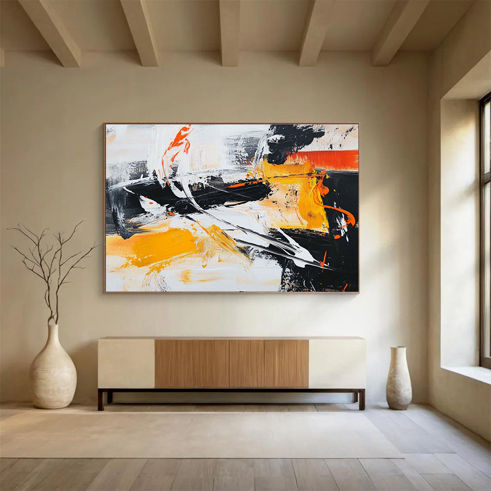 Large abstract painting in black white and orange featuring vibrant yellow brush strokes for a dynamic artistic touch.SC142