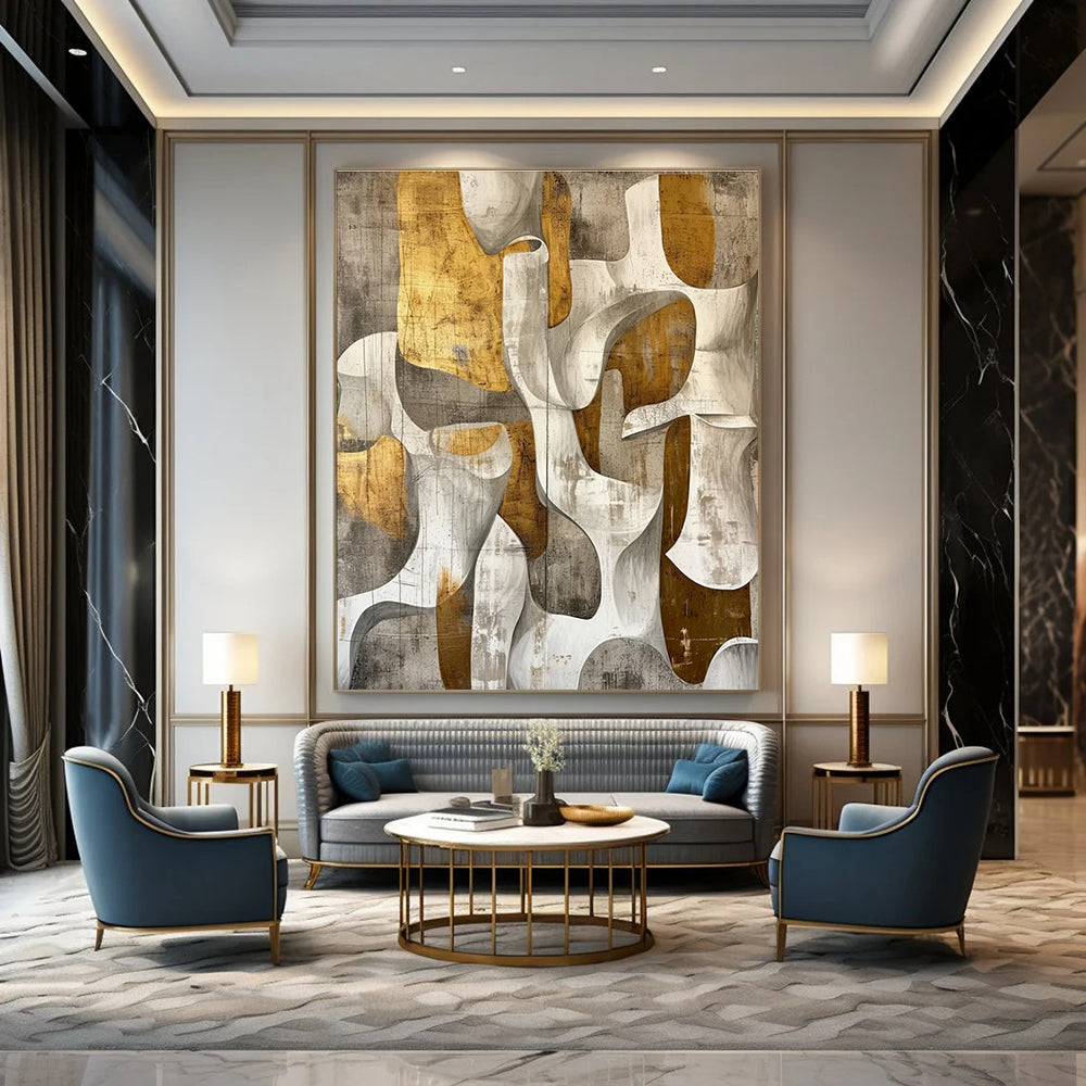 Gold Grey White Abstract Geometric Painting ADGE011