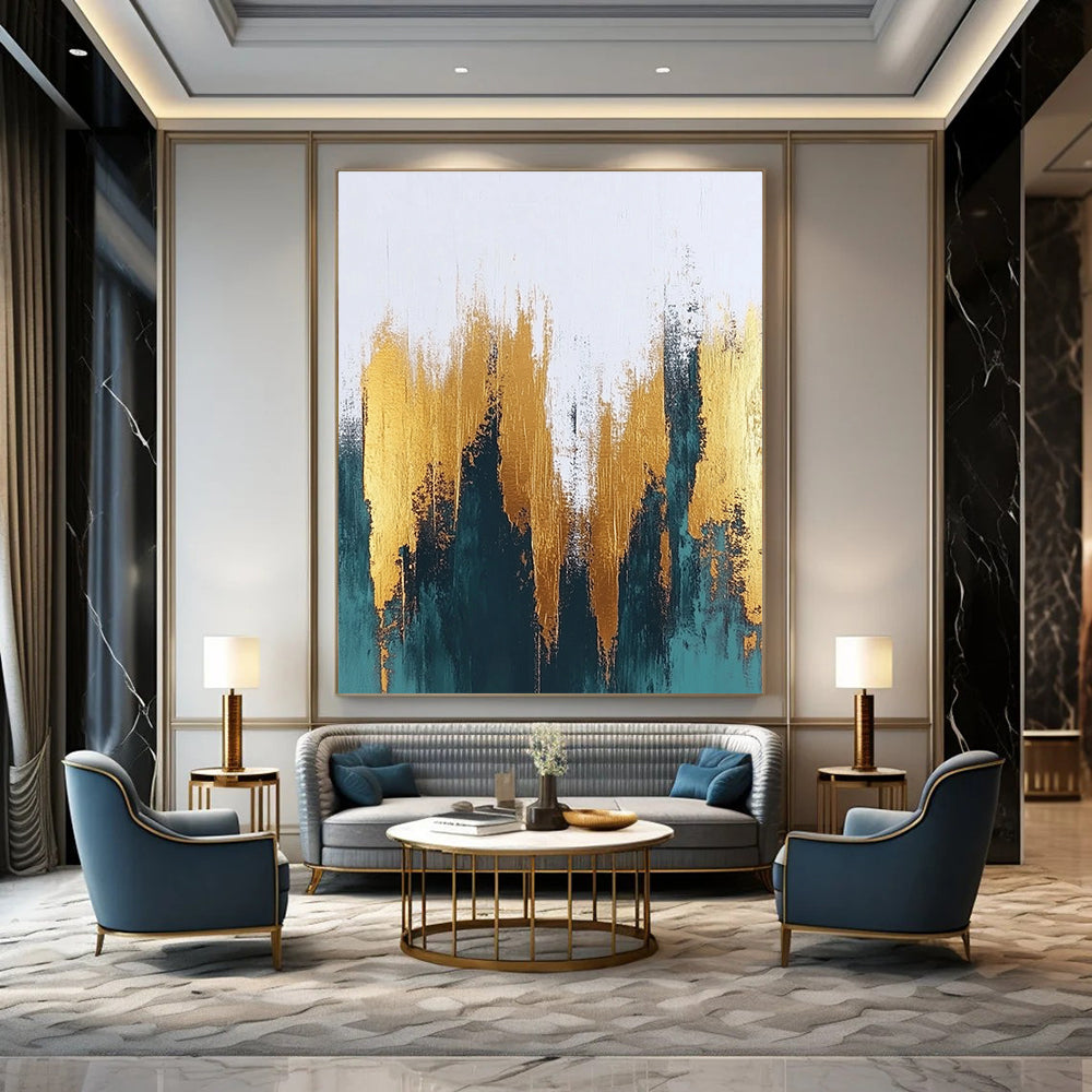 Large abstract painting featuring textured gold and teal brush strokes on a white background perfect for contemporary sophisticated decor.STSC062