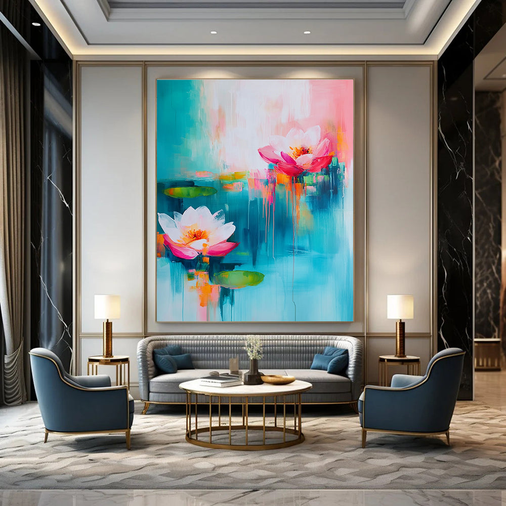 Large abstract painting with turquoise and pink hues featuring soft brush strokes of flowers and water lilies in a dreamy atmosphere.STSC052