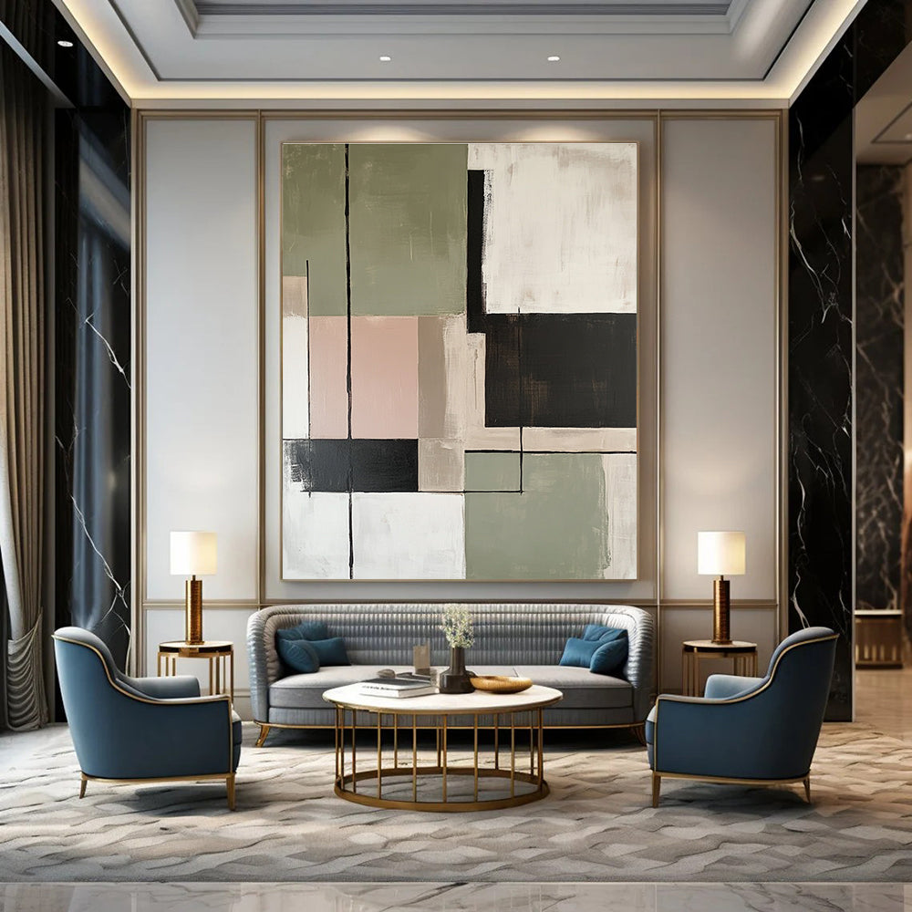 Large abstract painting featuring soft sage green beige and black color blocks with minimalist thin lines for an elegant modern decor.STSC810