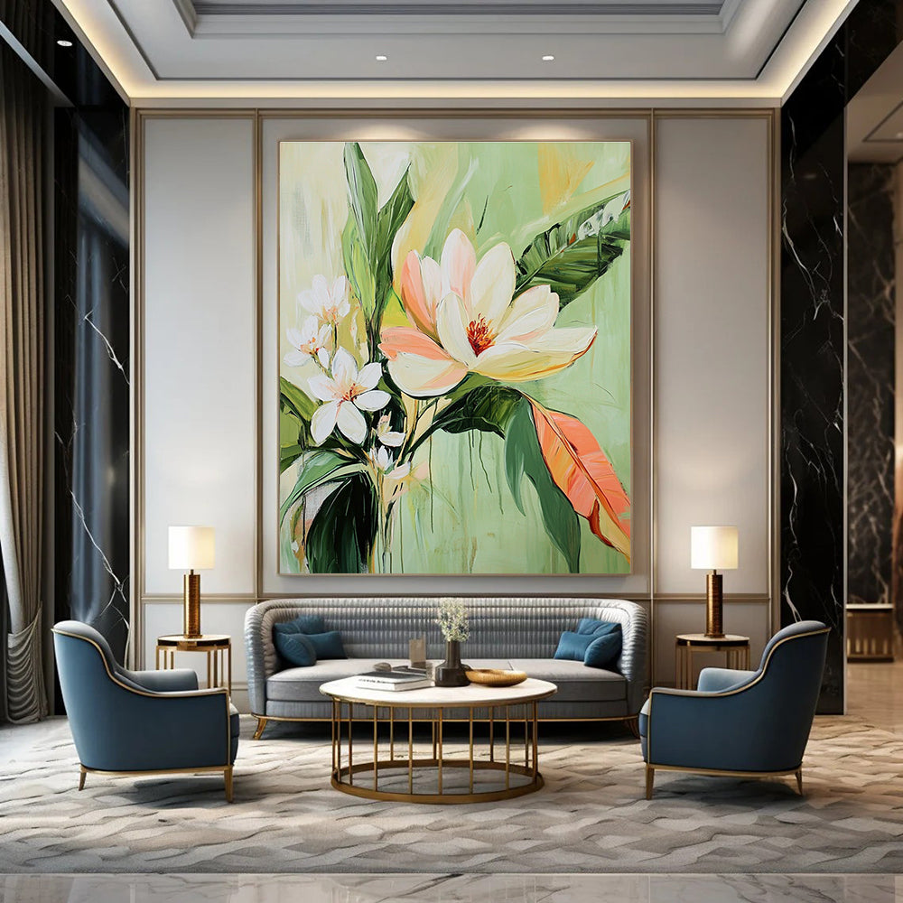 Large abstract painting of tropical flowers featuring a central magnolia and warm light green tones evokes tranquility and calmness.STSC1142