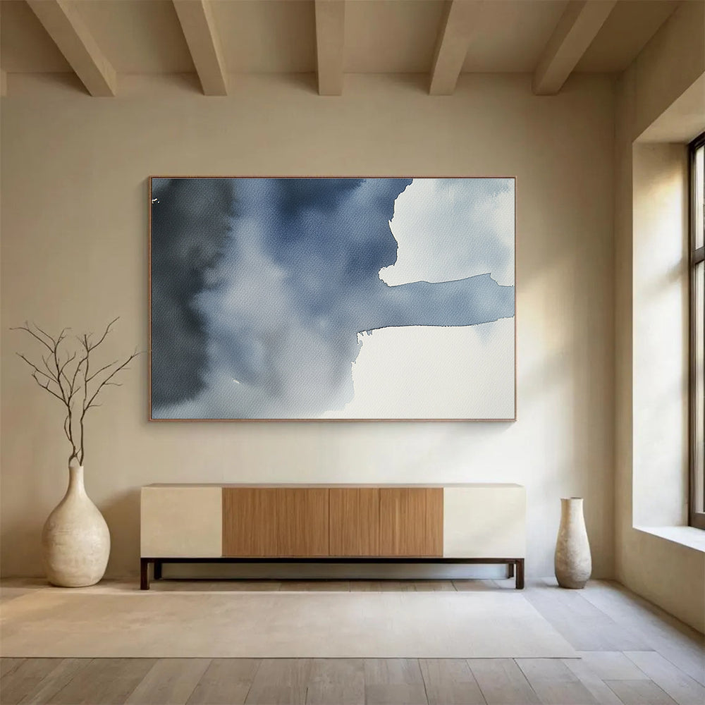 Large abstract painting featuring a gray sky over an ocean in dark blue and light gray tones, evoking serene and calm emotions.SC618