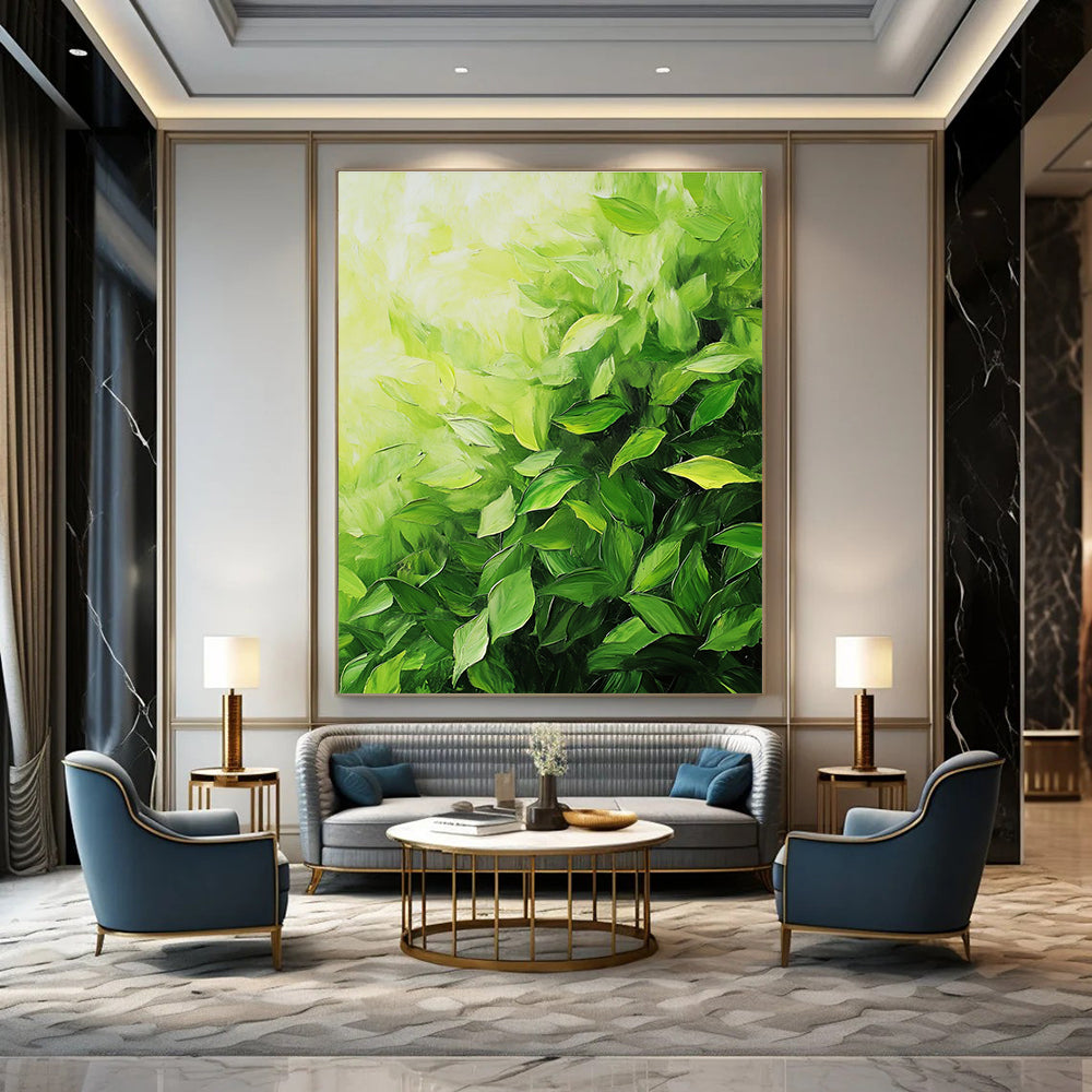 A large abstract painting of lush green tea leaves with thick brush strokes showcasing vibrant colors and dynamic composition.STSC1051