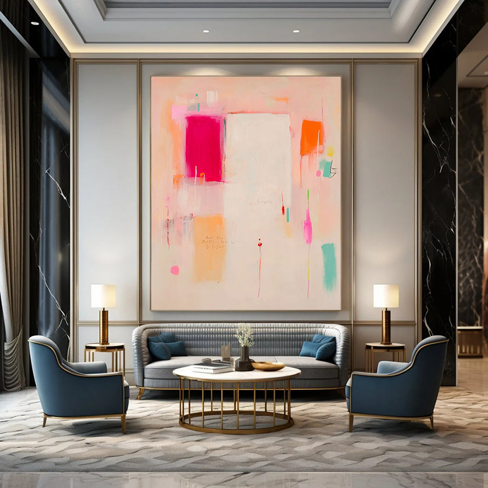 Large abstract painting in soft pink peach and orange tones featuring a white central area with red and yellow accents and expressive shapes.STSC809