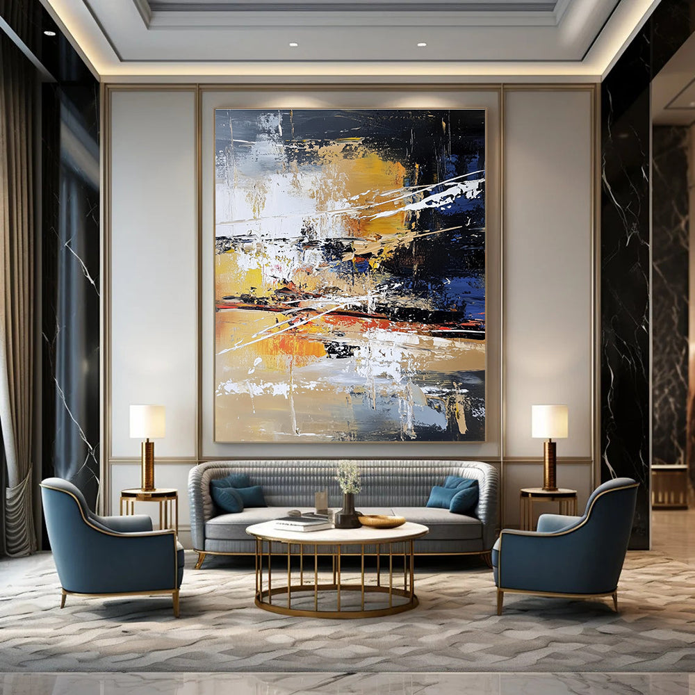 Large abstract painting features layers of colors and textures with white lines depicting water trees and a river in an urban landscape.STSC766