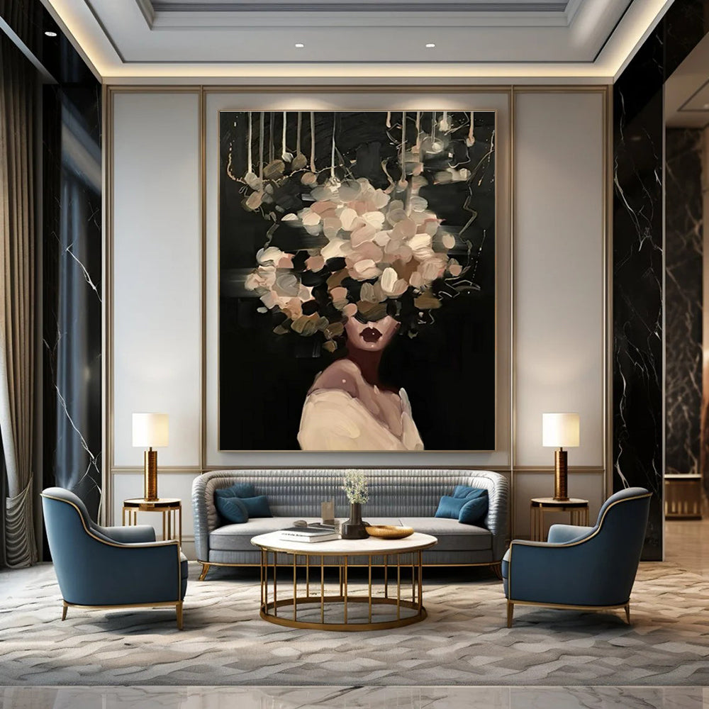 Blush Flower Head Woman Abstract Painting on Dark Background ADGE326