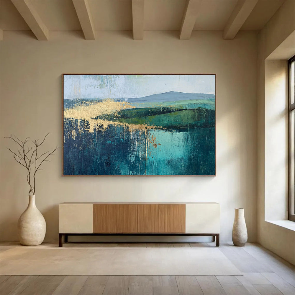 Large abstract painting featuring vibrant greens and blues with gold foil accents inspired by [Artist name].SC315