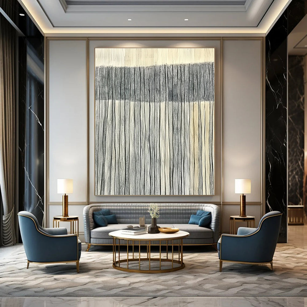 Large abstract painting of harmonious gray and white stripes on a light sandstone backdrop symbolizing luxury and elegance in minimalist design.STSC1121