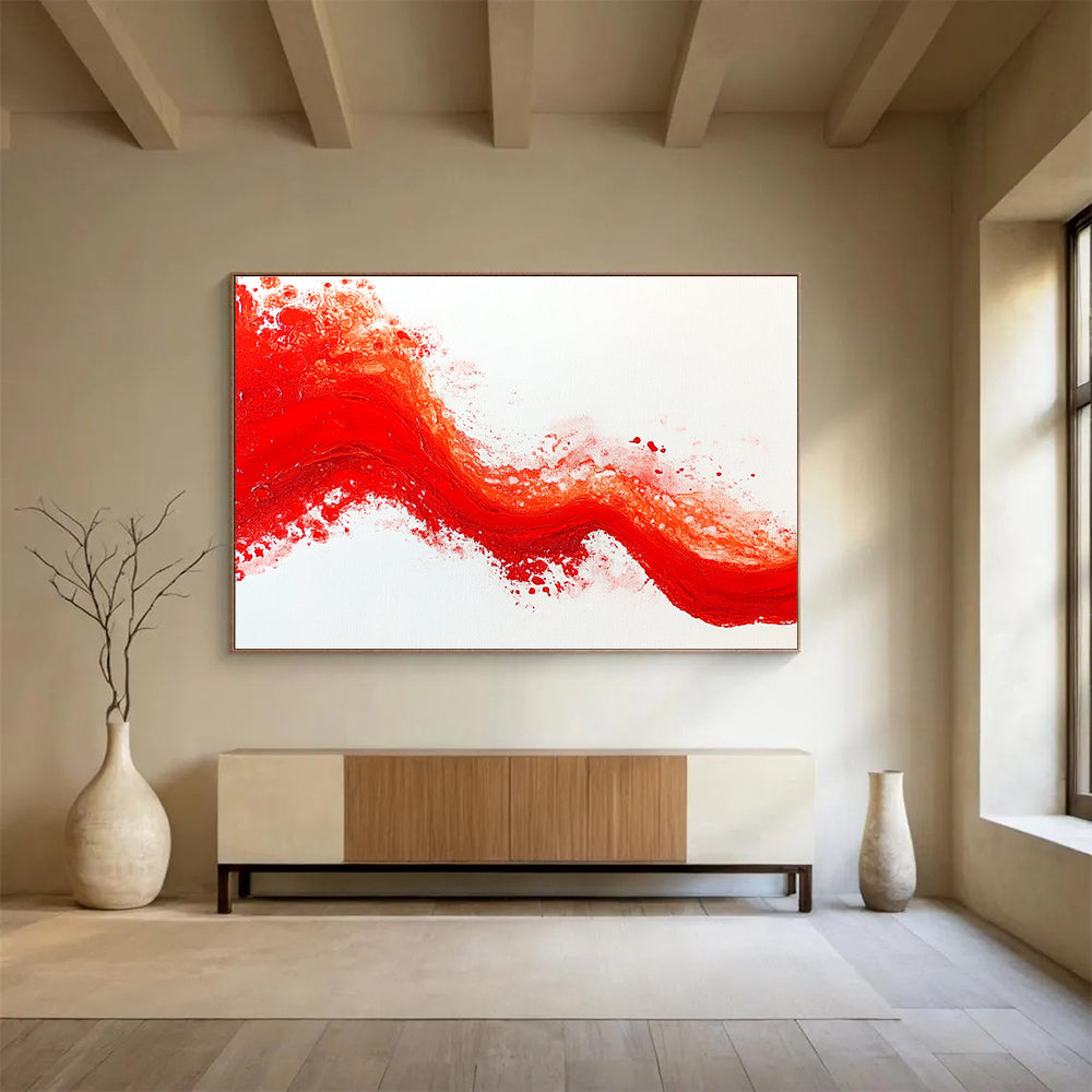 Red Wave on White Background Abstract Painting with Textured Brushstrokes DYP200