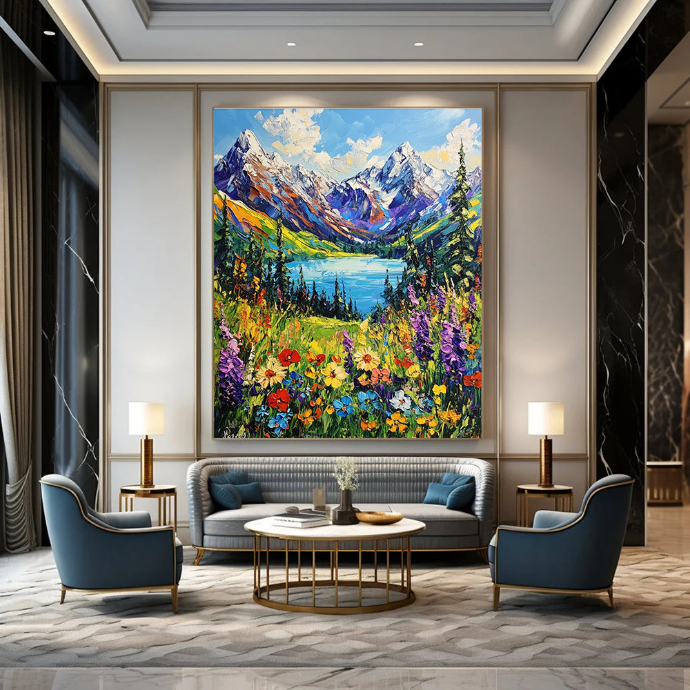 A large abstract painting capturing snow-capped mountains vibrant wildflowers and a serene blue lake in British Columbia's lush landscape in impressionistic style.STSC1225