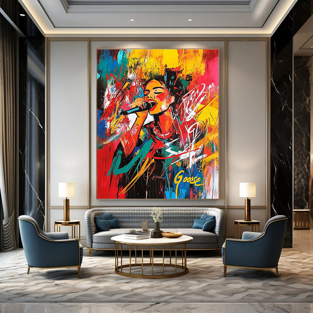 Large abstract painting of DJ Anna Kipreos at Christmas in Stung Treng with vibrant colors and energetic brush strokes creating a chaotic composition.STSC707