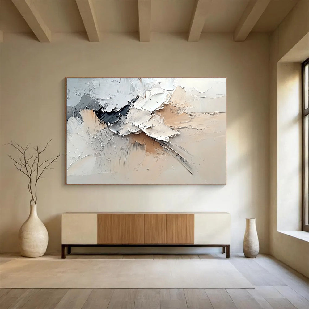 Large abstract painting featuring dynamic white, gray, and beige swirls in a neutral color palette reminiscent of Zao Wou-Ki.SC135
