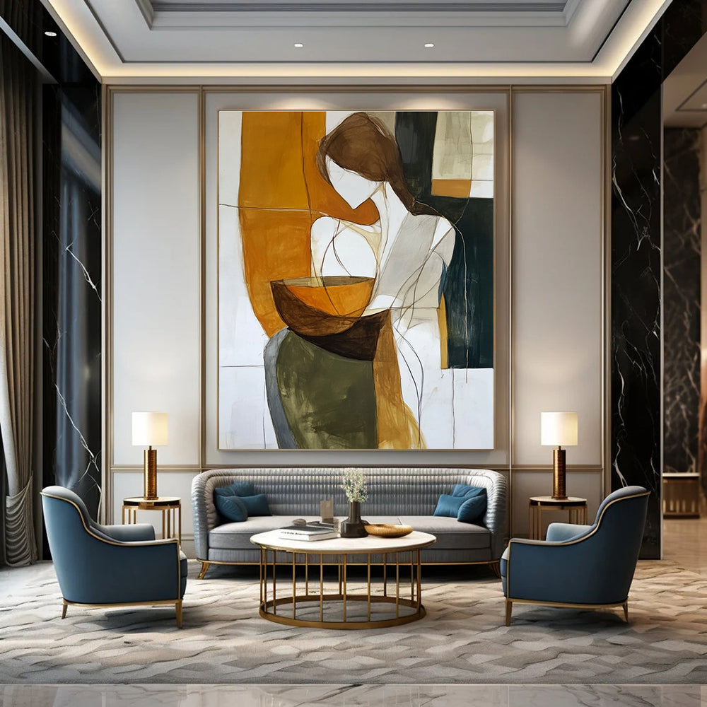 Large abstract painting of an androgynous figure enveloping an earthenware bowl in rich earth tones against a dark white background.STSC299