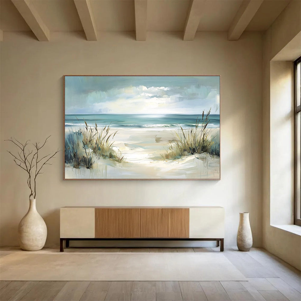 Large abstract painting depicting a serene coastal scene with dunes and ocean in soft pastel teal and blue hues, radiating tranquility and serenity.SC546